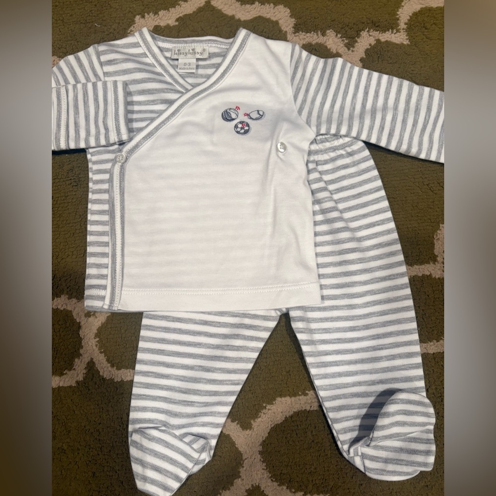 Kissy Kissy Gray & White Striped Set w/ Sports Embroidery Size 0-3